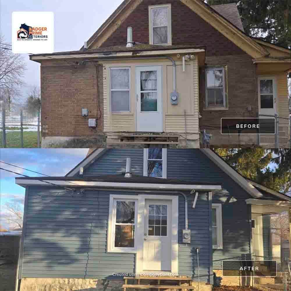 Before and after back exterior remodel with vinyl siding installed over brick in Portage Wisconsin