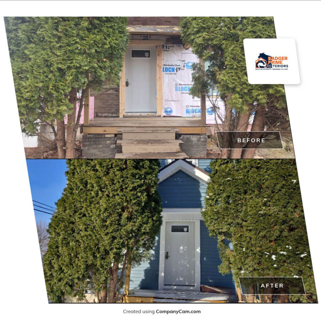 Before and after front exterior remodel with siding windows and porch in Portage Wisconsin